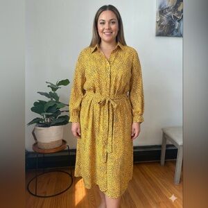 New York & Company Yellow Printed Long-Sleeve Shirt Dress